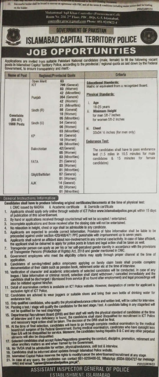 Islamabad Capital Police Constable Jobs 2022 1668 Positions In ICT