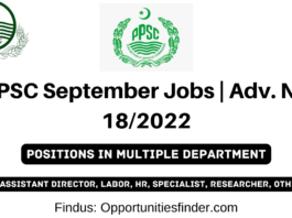 PPSC September Jobs Adv. No 182022