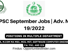 PPSC September Jobs Adv. No 19/2022