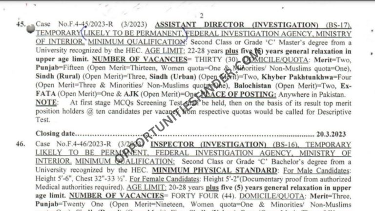 Federal Investigation Agency FIA Latest Jobs 2023