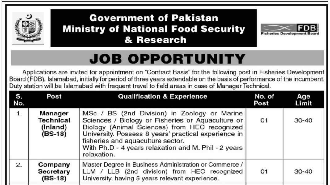 Government of Pakistan Ministry of National Food& Security Job Opportunities 2023