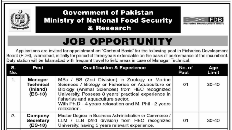 Government of Pakistan Ministry of National Food& Security|  Job Opportunities 2023