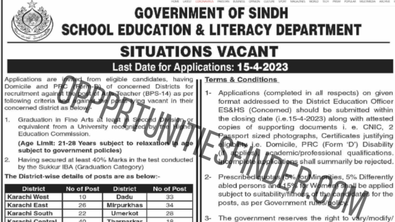 Teaching Jobs in the Government of Sindh 2023|Education and Literacy Department