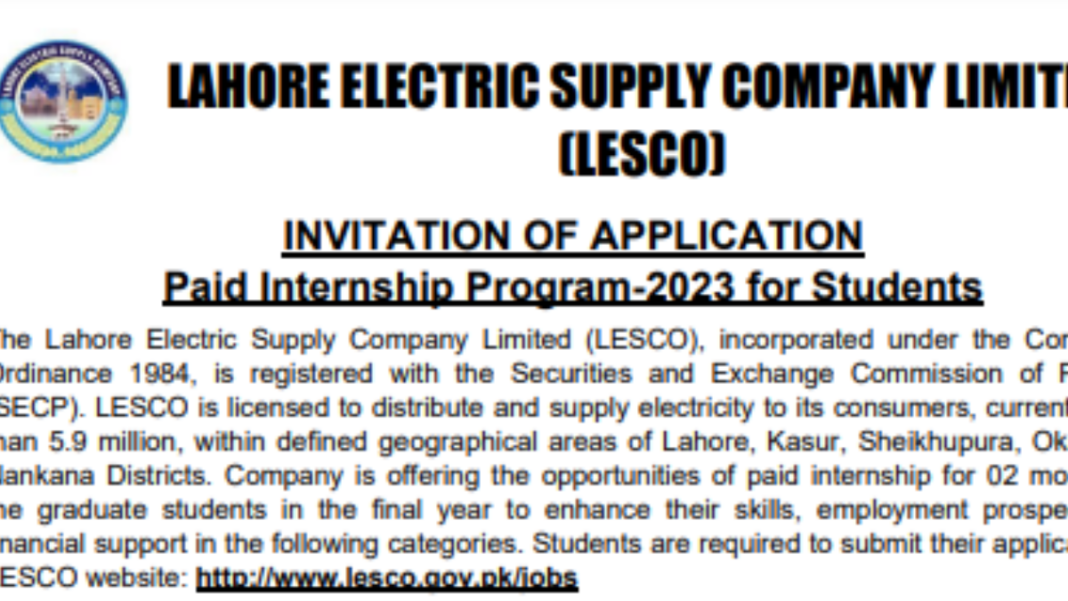 The Lahore Electric Supply Company Limited (LESCO) Paid Internship Program 2023